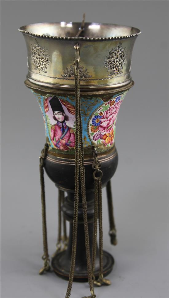 A Qajar gilt metal and polychrome enamel Ghalian stem cup, Persia, 19th century, 7.5in., damage